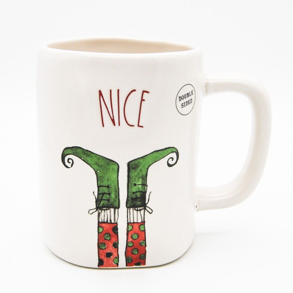 Rae Dunn Christmas Mug, Naughty Nice Elf 16oz Ceramic White Coffee Cup, New